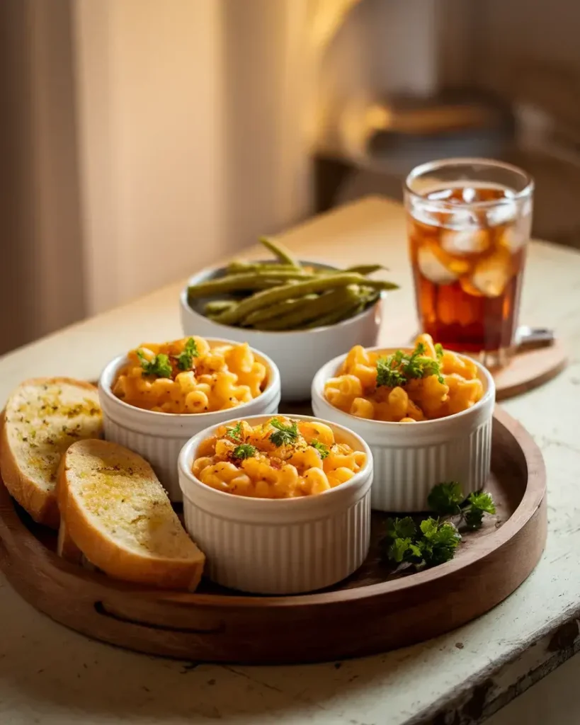 Individual servings of Cajun Mac and Cheese garnished with parsley and paired with garlic bread on a rustic tray.