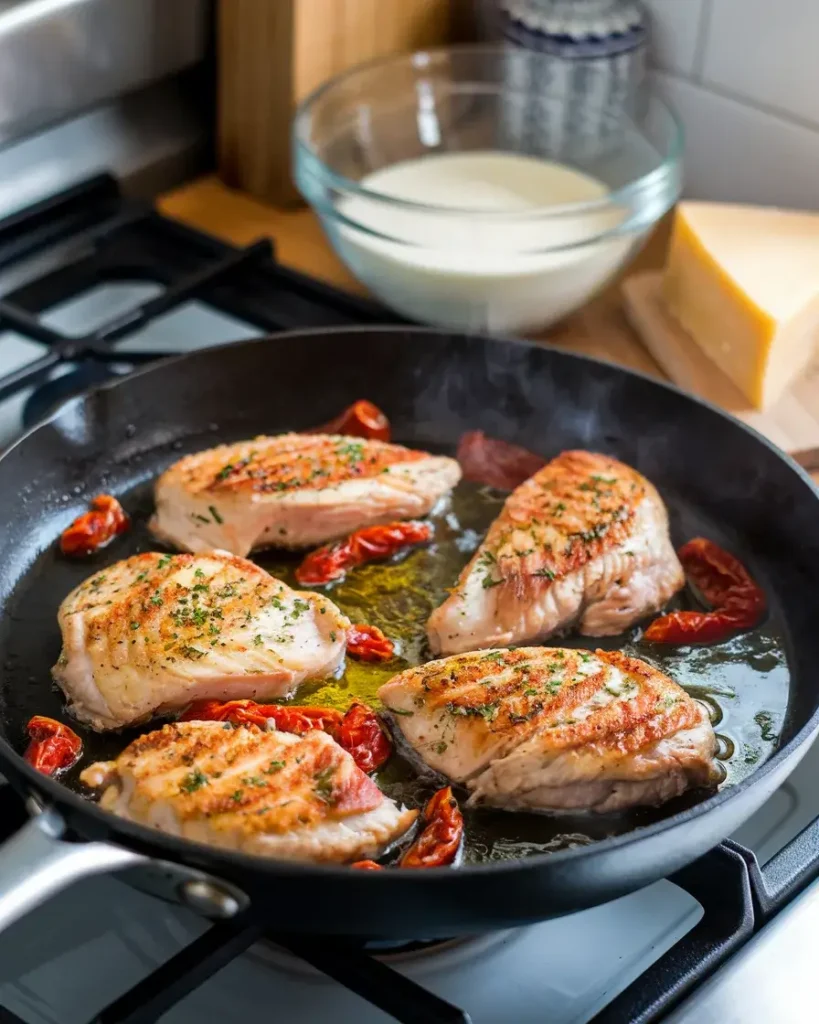 Chicken searing in a skillet with garlic and sun-dried tomatoes, ready for the Marry Me Chicken Pasta Recipe.