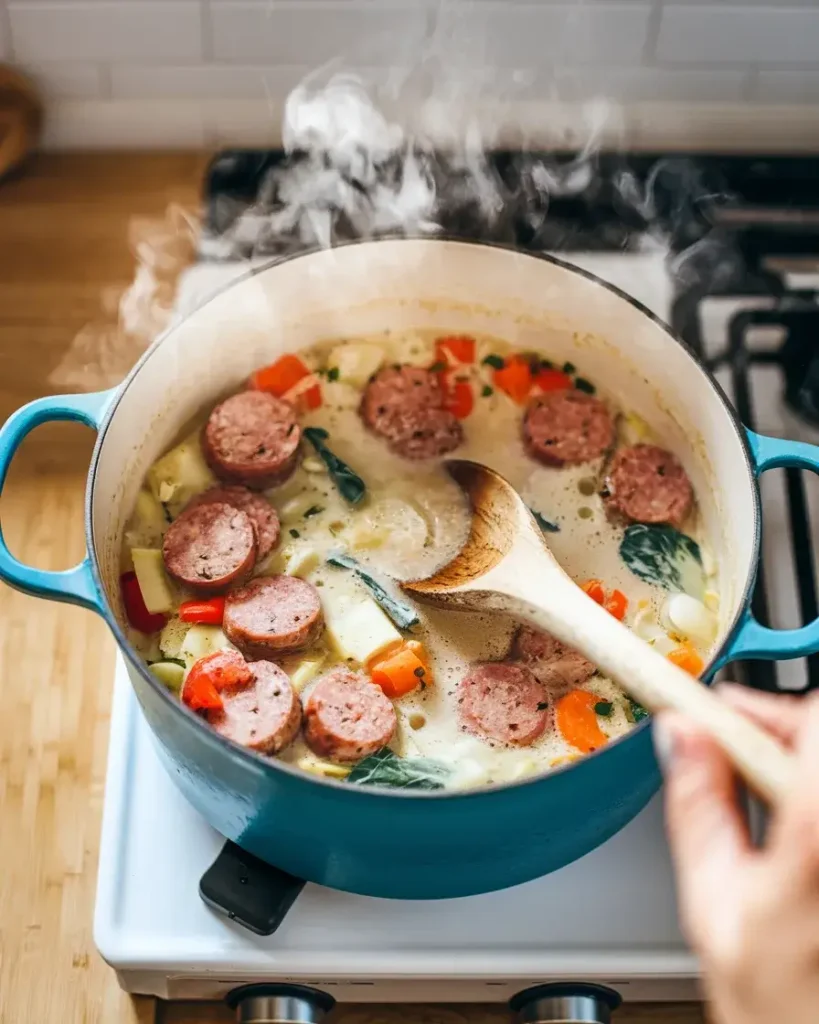 Cooking creamy Parmesan Italian sausage soup in a pot.