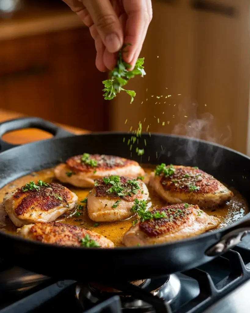 Garlic Butter Chicken Bites cooking in a skillet with parsley garnish.