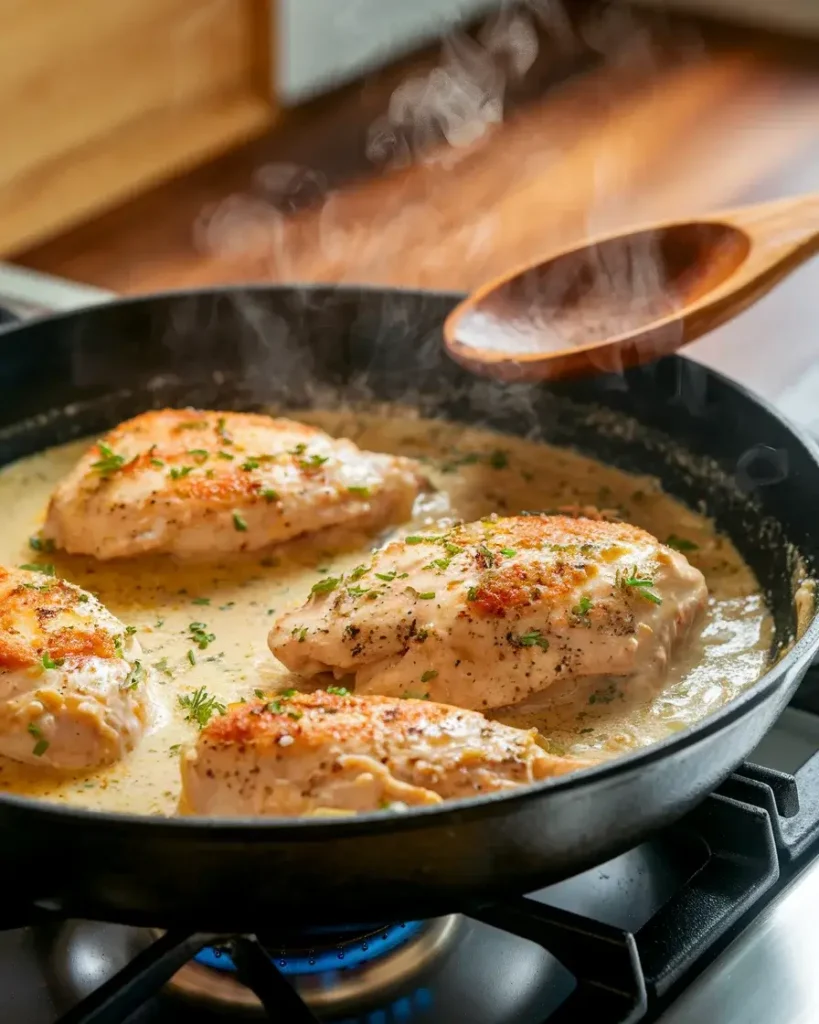 Chicken cooking in creamy garlic Parmesan sauce in a skillet.