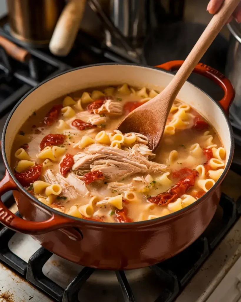 A pot of Marry Me Chicken Soup simmering on the stove with creamy broth, shredded chicken, and pasta.