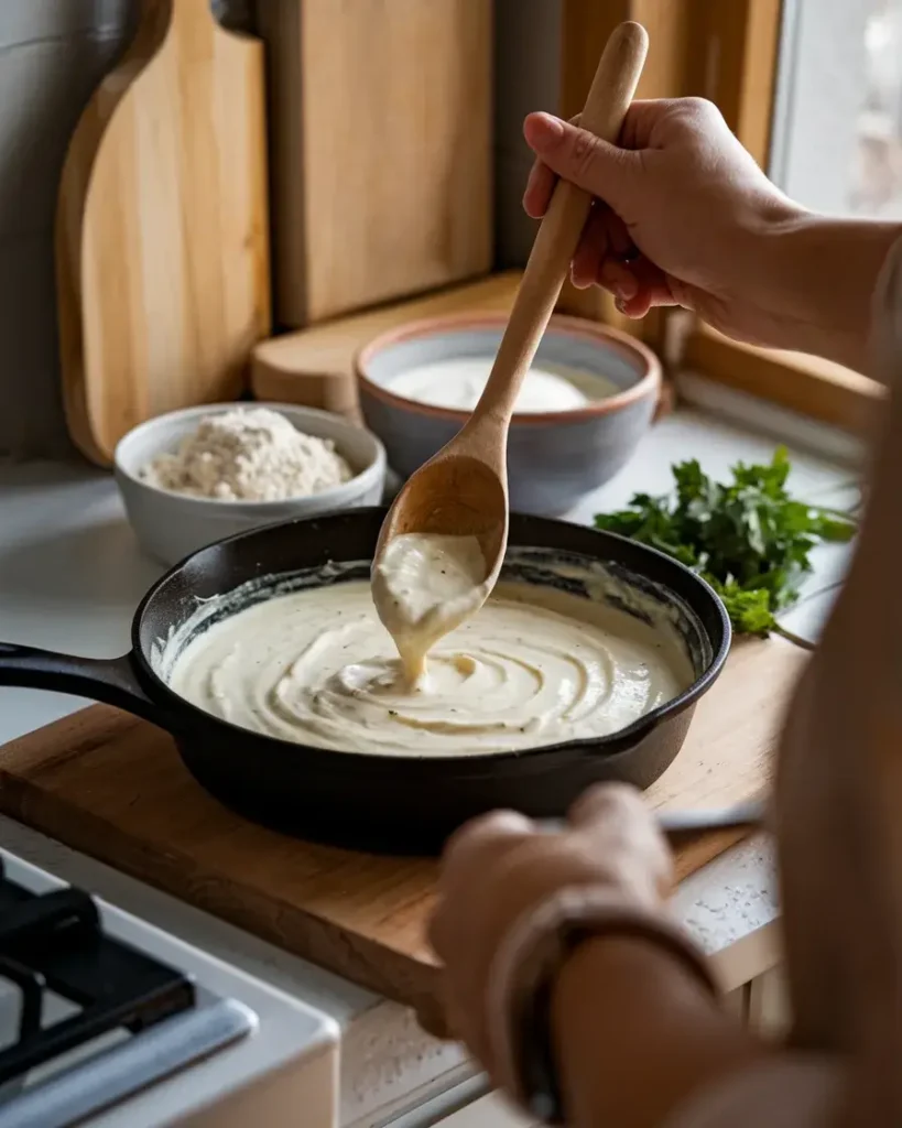 A skillet of creamy Alfredo sauce being stirred with a wooden spoon, Parmesan cheese, and cream nearby.