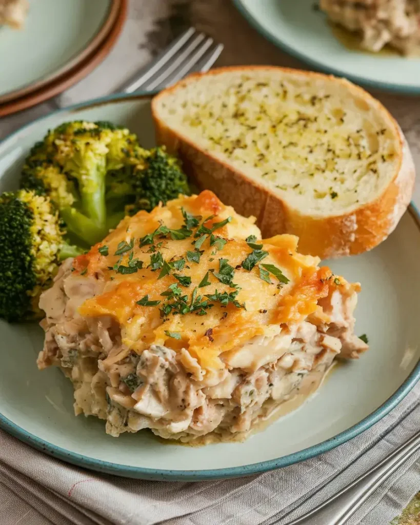 Plated serving of Million Dollar Chicken Casserole with sides.