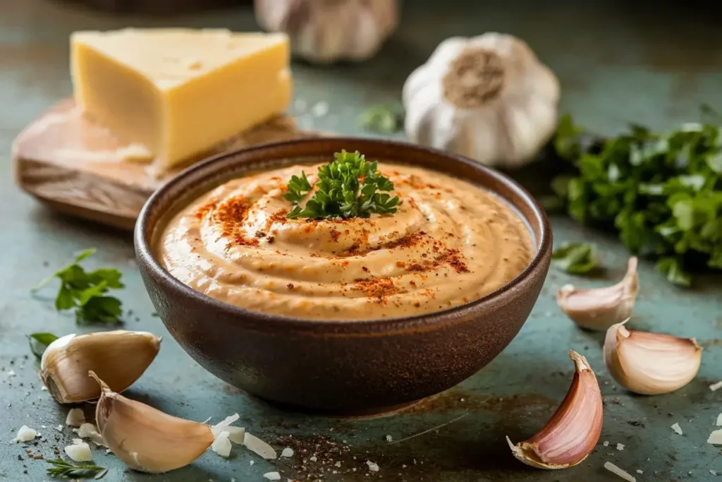 A bowl of creamy Cajun Alfredo Sauce garnished with parsley and Cajun spices on a rustic kitchen table.