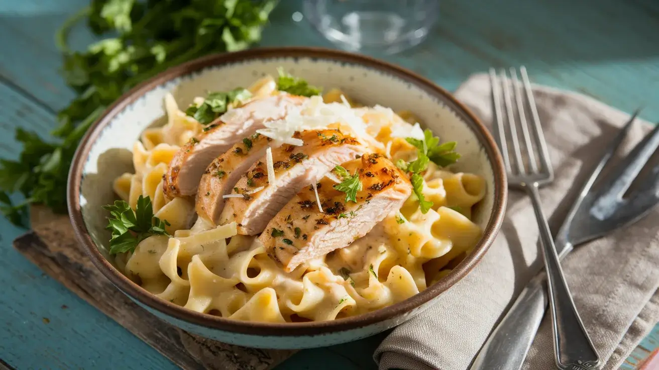 Garlic Parmesan Chicken Pasta served in a bowl with chicken and parsley.