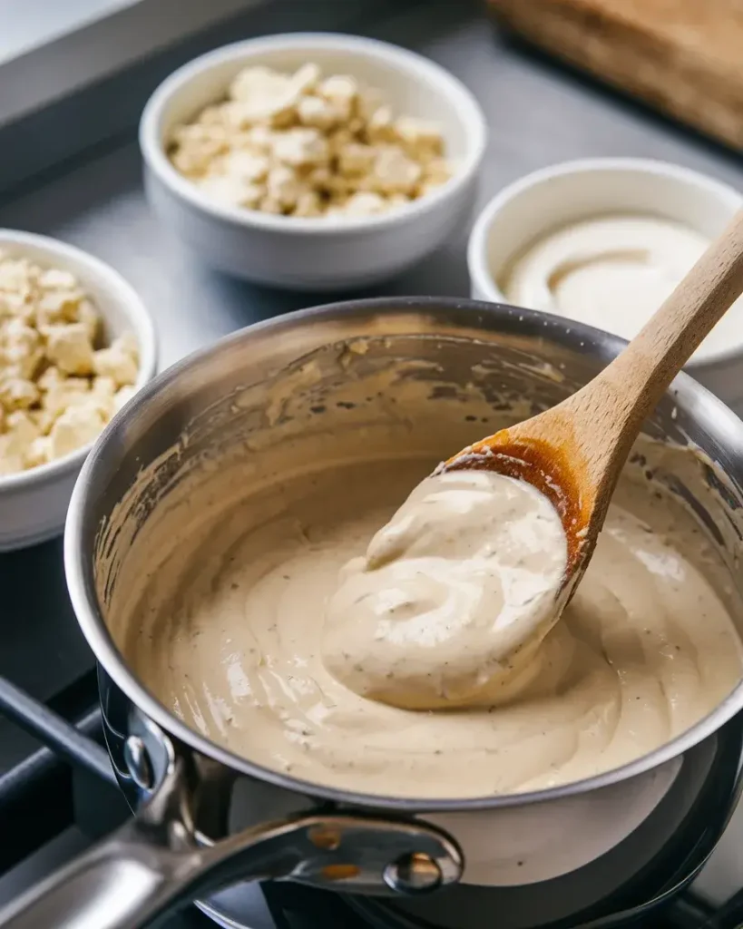 A saucepan with creamy Gorgonzola sauce being stirred, surrounded by cheese and cream on a kitchen counter.