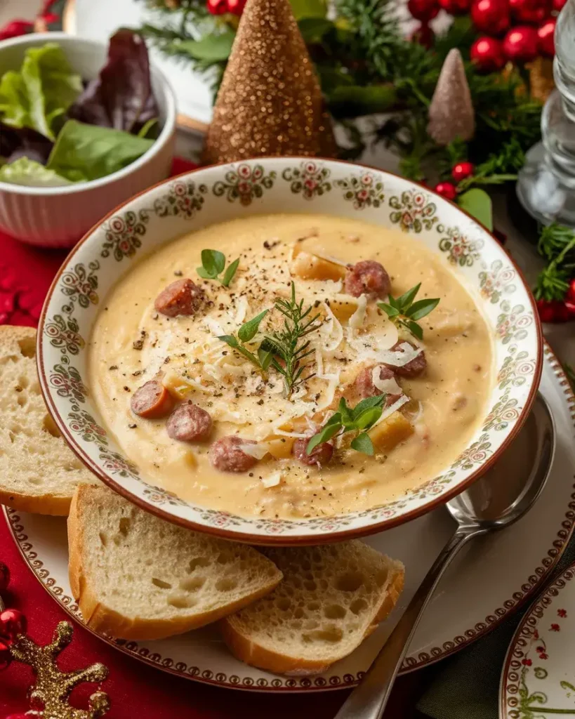 Served creamy Parmesan Italian sausage soup with garnishes.