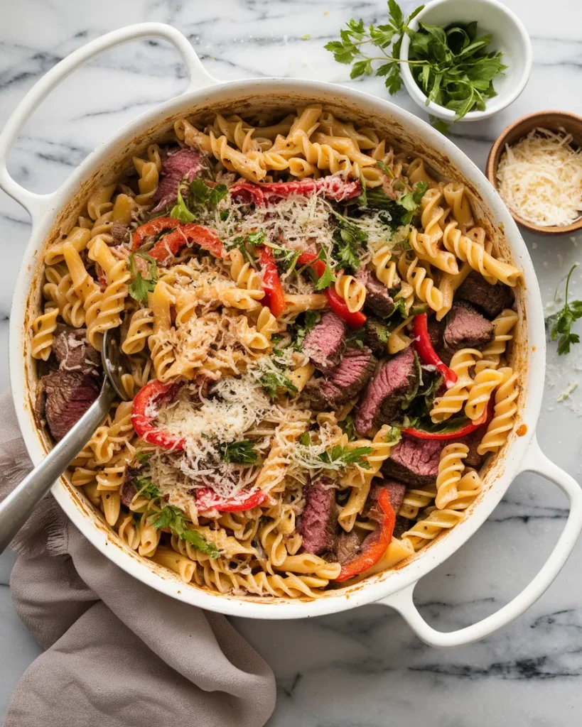 A skillet of creamy Philly Cheesesteak Pasta with steak, peppers, and cheese, ready for serving on a marble countertop.