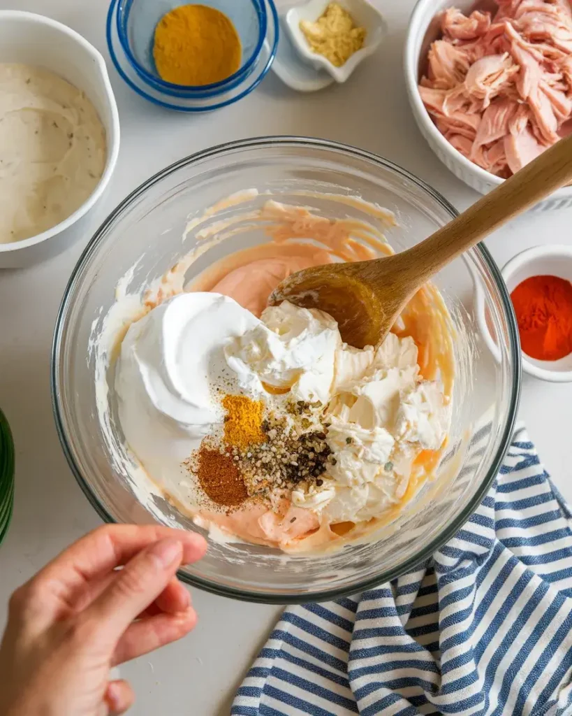 Mixing creamy ingredients for Million Dollar Chicken Casserole in a bowl.