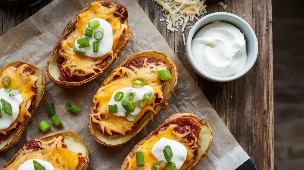 Crispy air fryer potato skins topped with melted cheese, bacon, and green onions on a rustic plate.