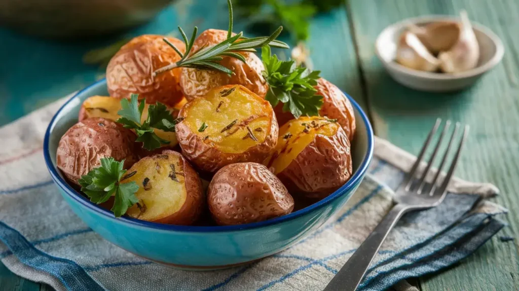 Crispy air fryer red potatoes garnished with fresh rosemary on a rustic wooden table.