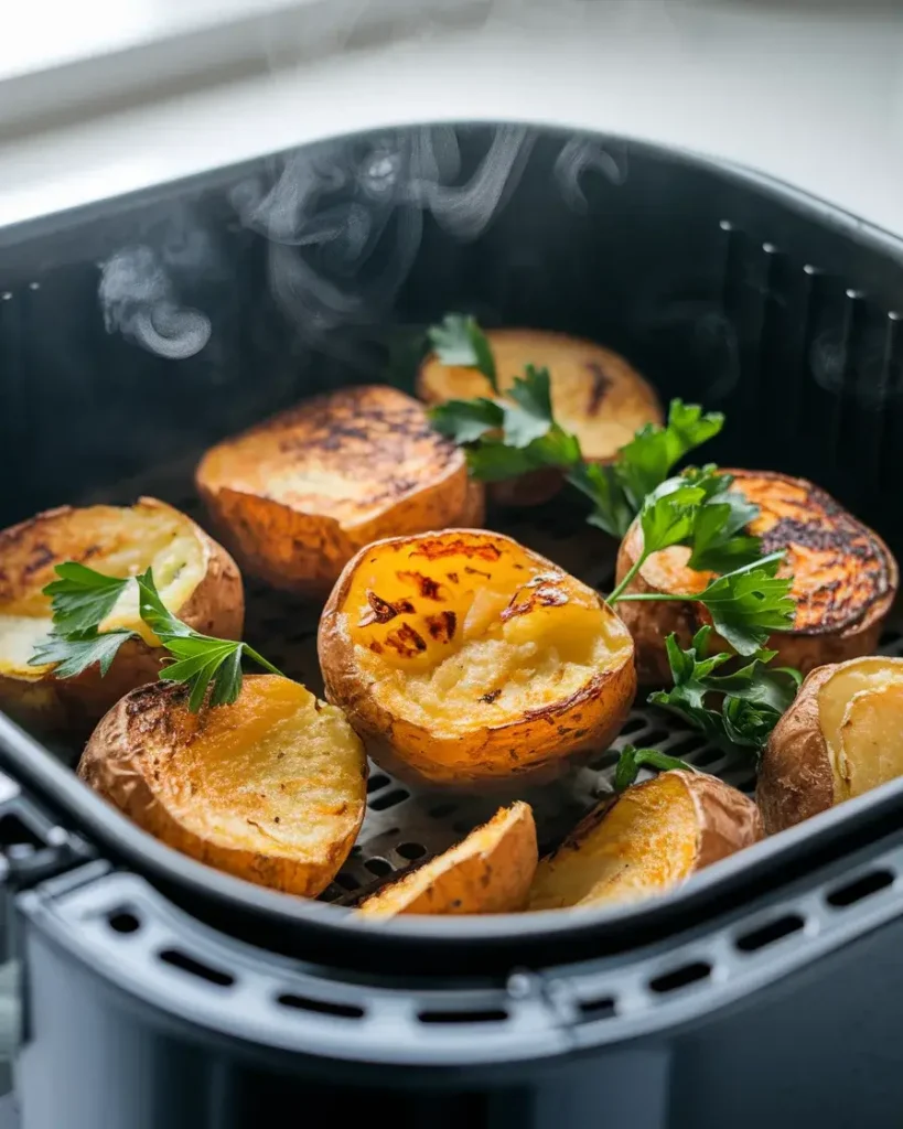 Crispy smashed potatoes in an air fryer basket, garnished with parsley, golden and ready to serve.