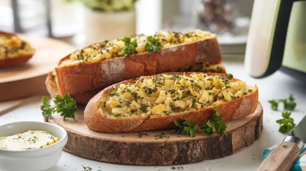 Crispy garlic bread garnished with parsley, placed on a wooden serving board.