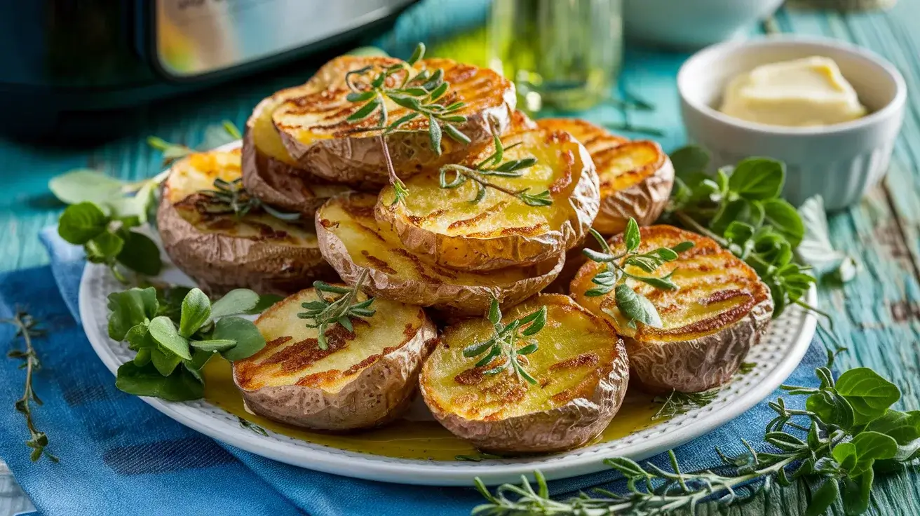 A plate of golden smashed potatoes made in an air fryer, garnished with fresh herbs on a rustic wooden table.