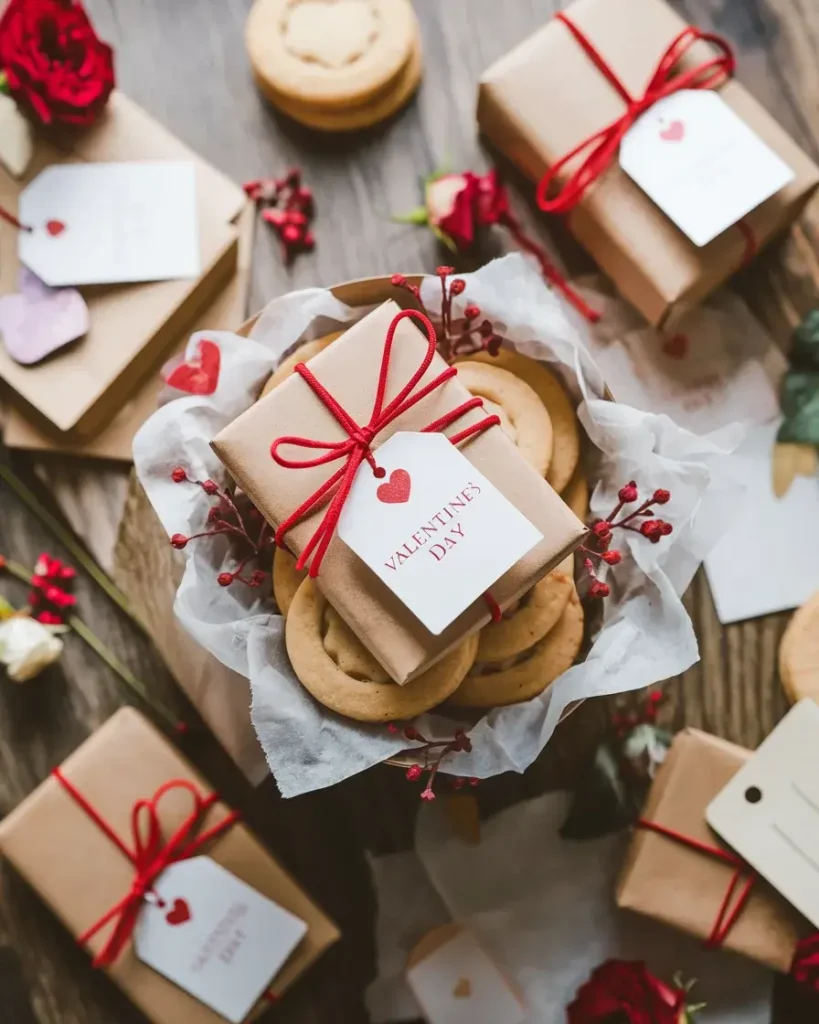 Valentine’s Day cookies in eco-friendly boxes tied with red ribbons, ready to be gifted.