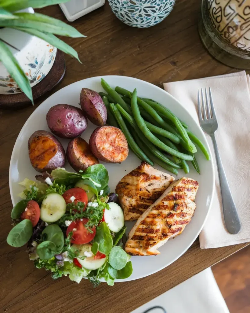 Air fryer red potatoes served with grilled chicken, green beans, and salad.