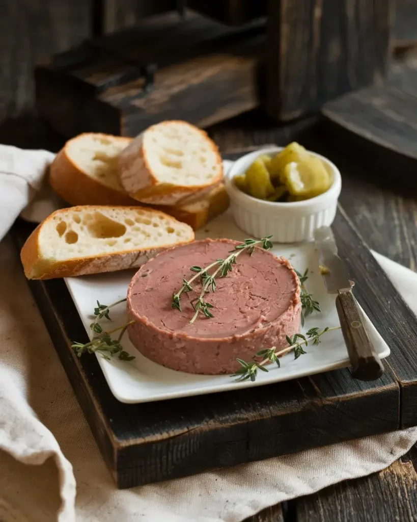 Beef liver pâté served with toasted baguette slices and garnishes.