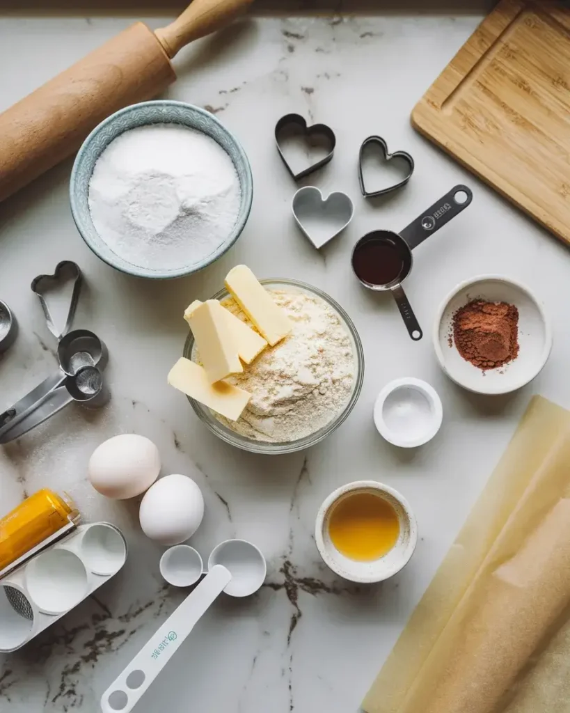 Ingredients and tools for making Valentine’s Day cookies, including flour, butter, sugar, eggs, cookie cutters, and a rolling pin.