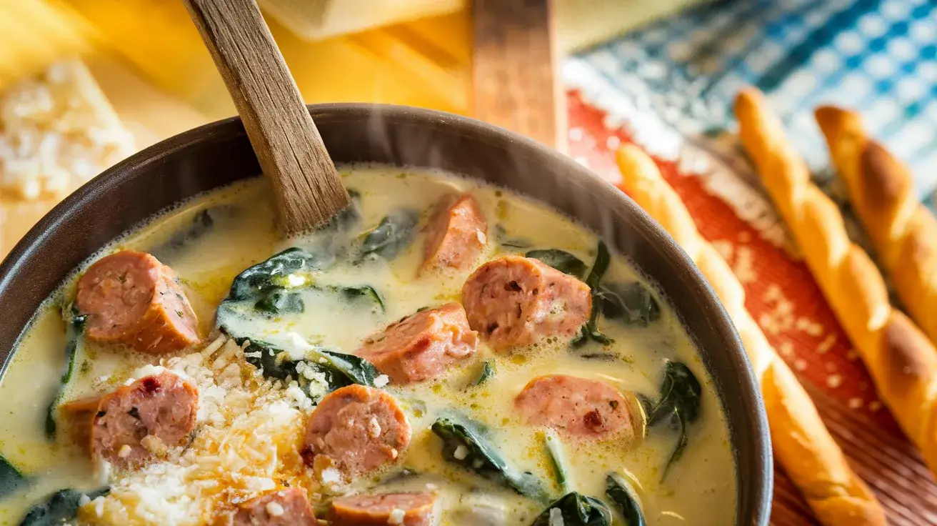 Creamy Parmesan Italian Sausage Soup served with breadsticks.