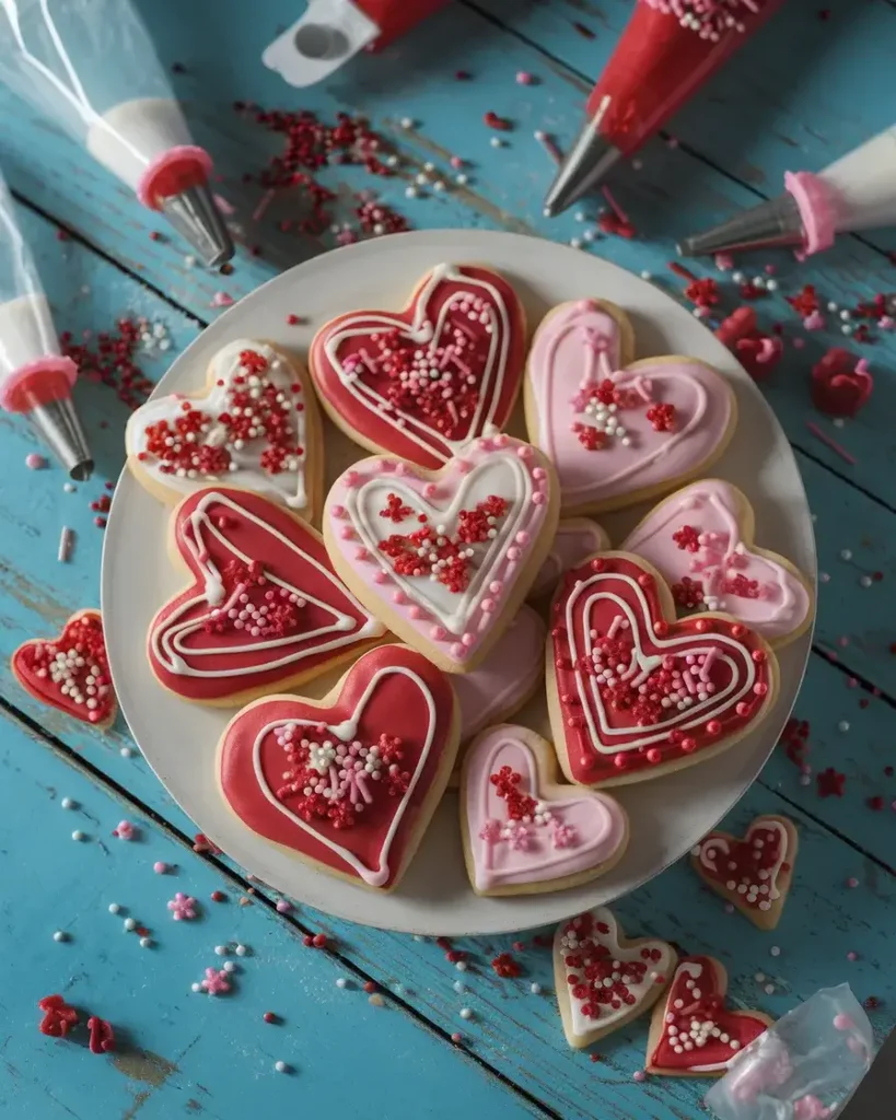 Heart-shaped sugar cookies decorated with red, pink, and white icing, surrounded by sprinkles and piping bags.