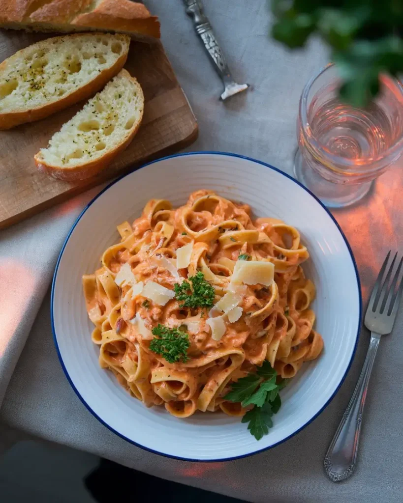 A plate of fettuccine in Cajun Alfredo Sauce garnished with parsley and served with garlic bread.