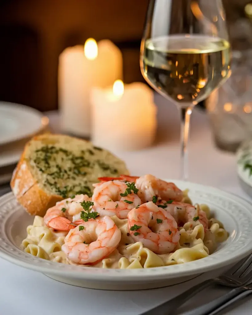 Plated Cajun Seafood Alfredo with shrimp, creamy pasta, and garlic bread.