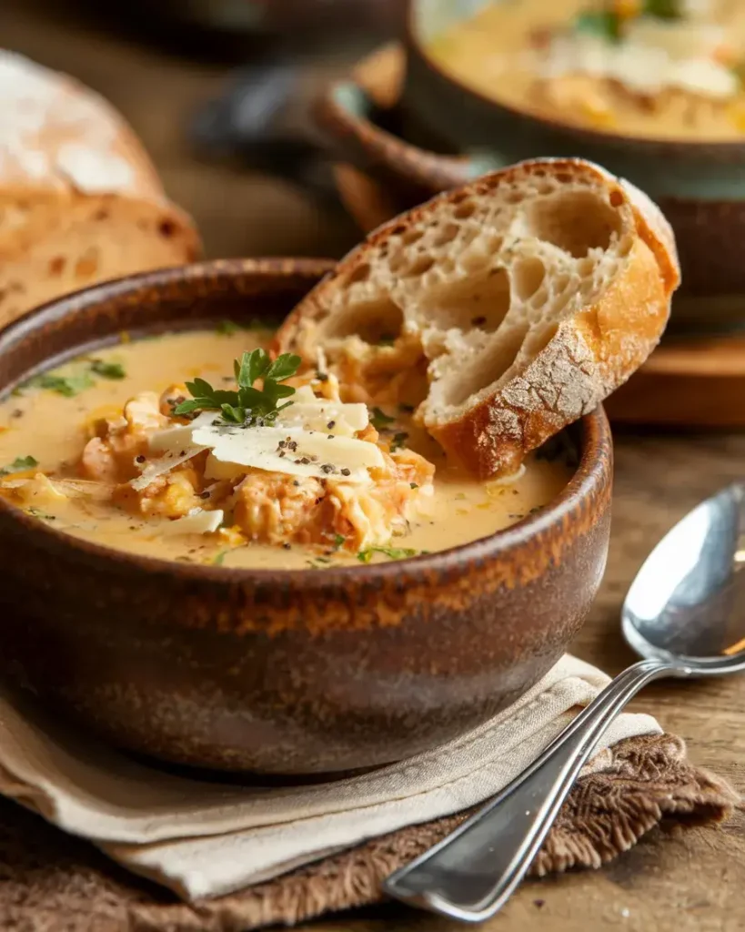 A bowl of finished Marry Me Chicken Soup with Parmesan and parsley, served with crusty bread.