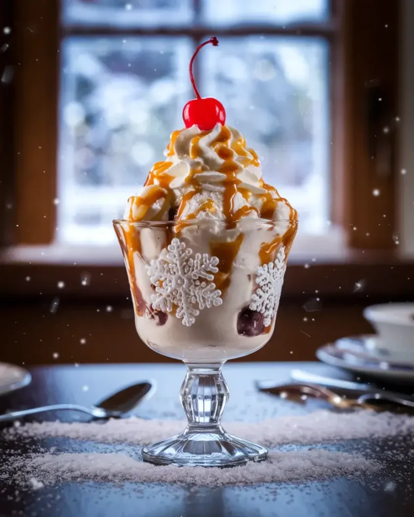 A bowl of snow cream topped with whipped cream, caramel drizzle, and a cherry, surrounded by snowflakes.