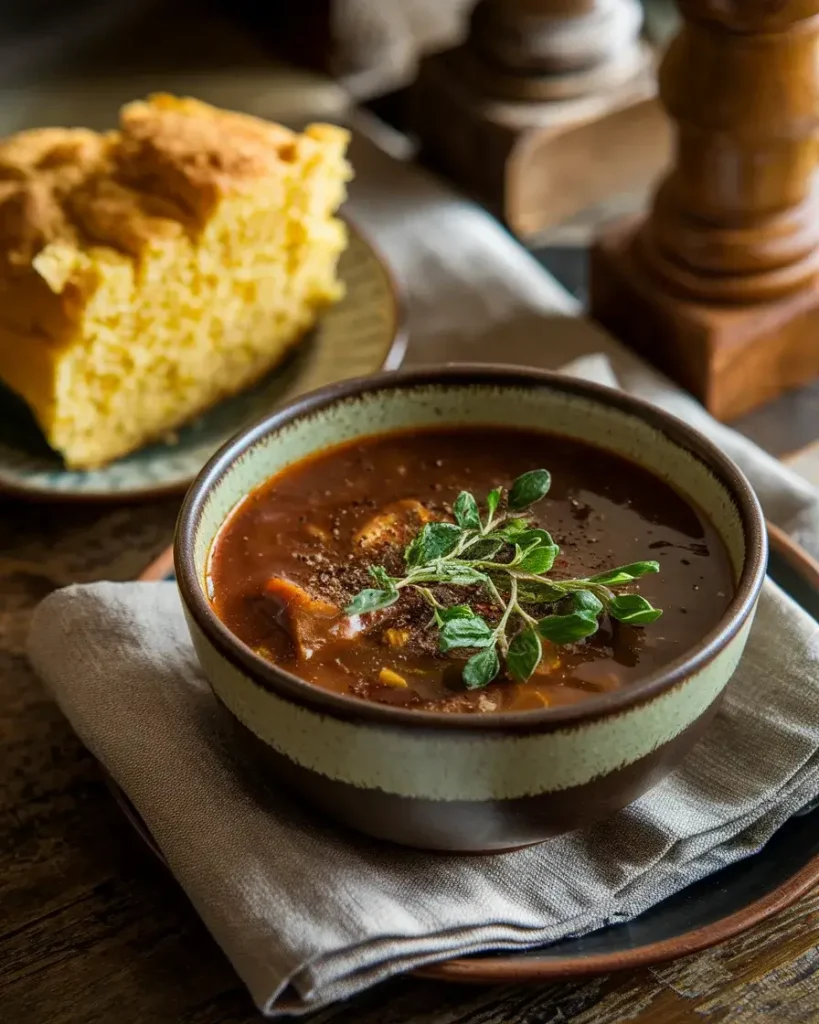 A bowl of finished swamp soup with turnip greens, beans, and sausage, served with cornbread on a rustic table.