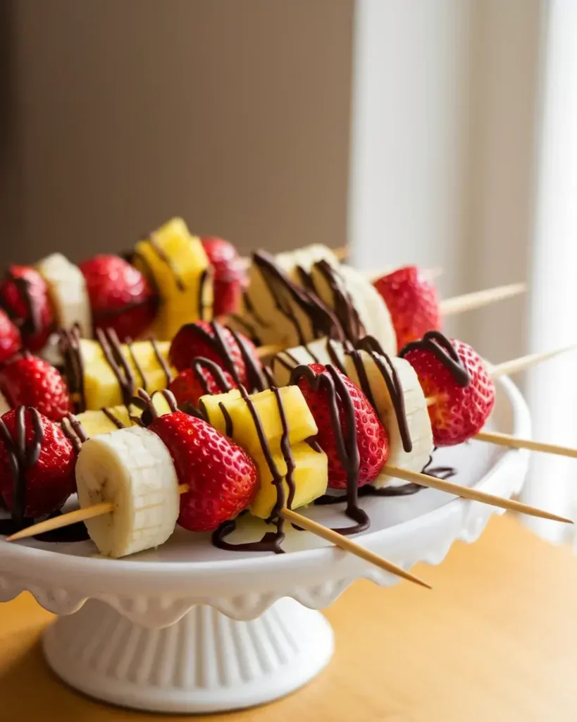 Fruit skewers with strawberries, pineapple, and bananas, drizzled with dark chocolate on a white serving platter.