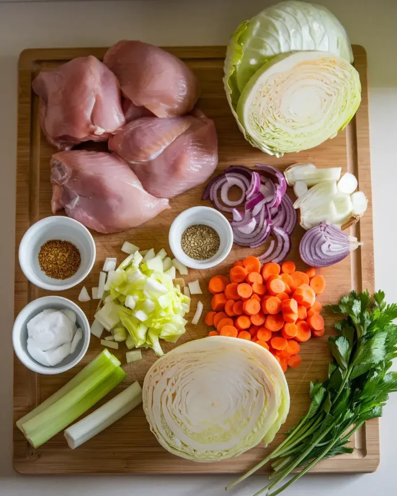 Ingredients for chicken cabbage soup including chicken, cabbage, and vegetables on a cutting board.