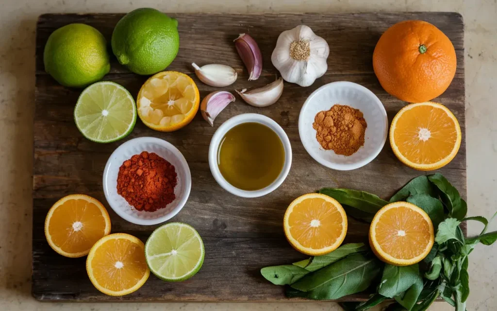 A vibrant display of marinade ingredients including citrus, garlic, spices, and olive oil.