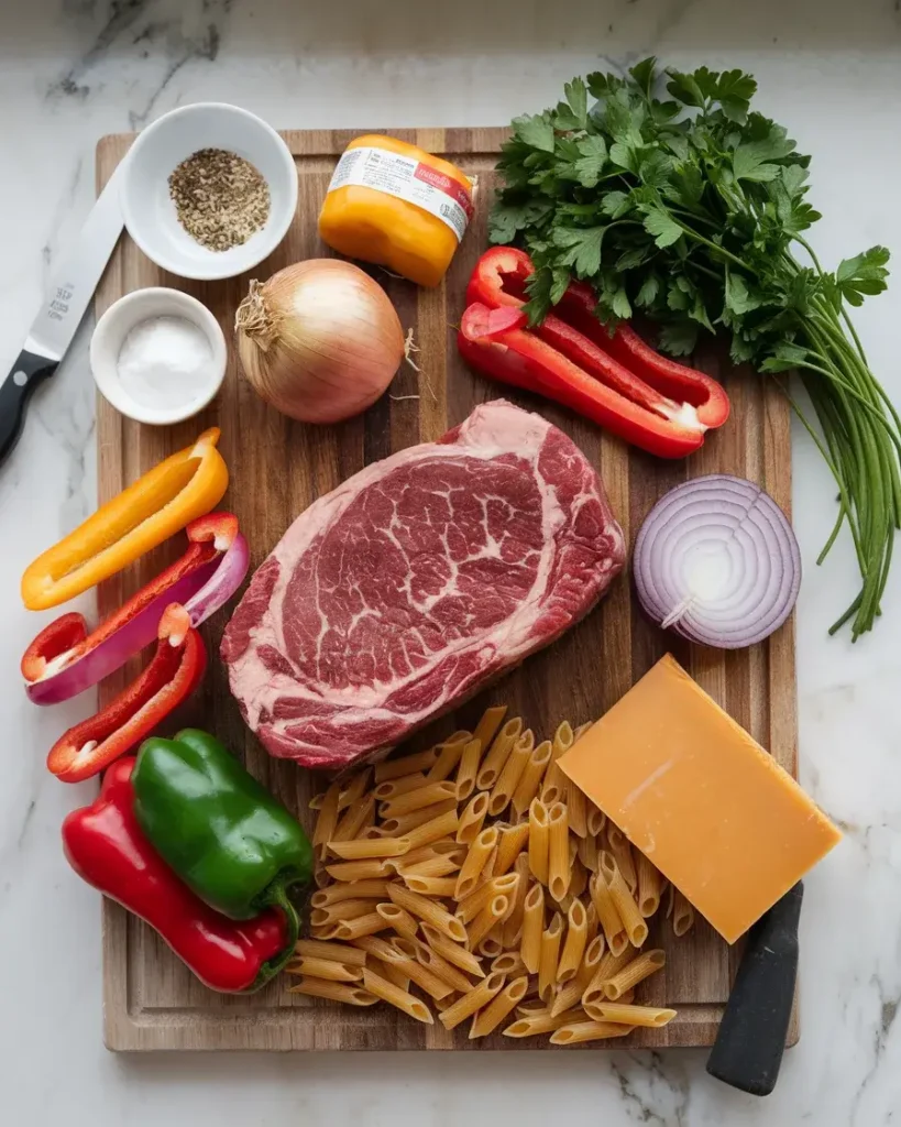 Ingredients for Philly Cheesesteak Pasta including steak, cheese, and pasta.