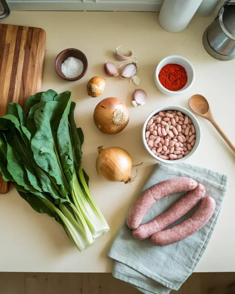 Ingredients for swamp soup, including turnip greens, beans, smoked sausage, garlic, and onions, on a kitchen countertop.