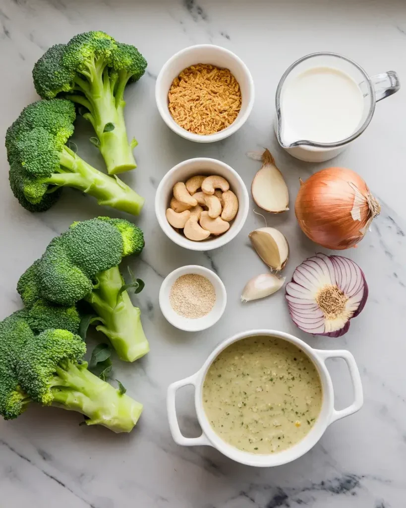 Ingredients for Vegan Broccoli Cheddar Soup including broccoli, cashews, and nutritional yeast on a marble countertop.