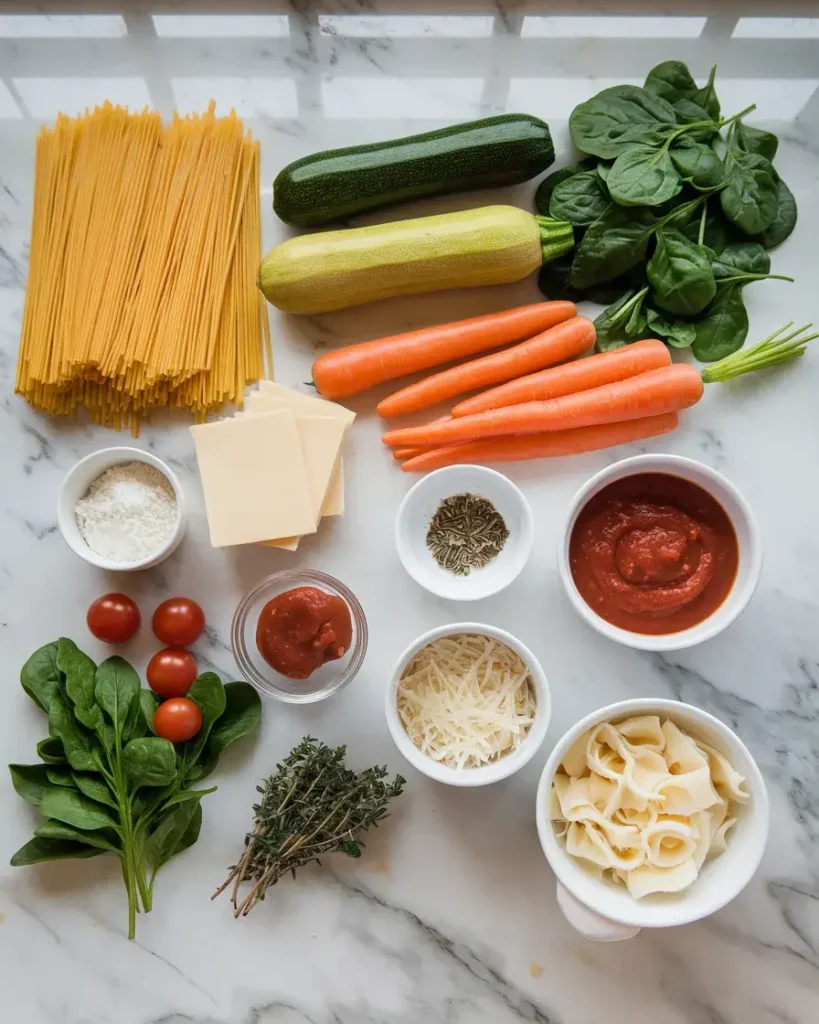 Fresh ingredients for Vegetarian Lasagna Soup including lasagna noodles, vegetables, and spices on a marble counter.