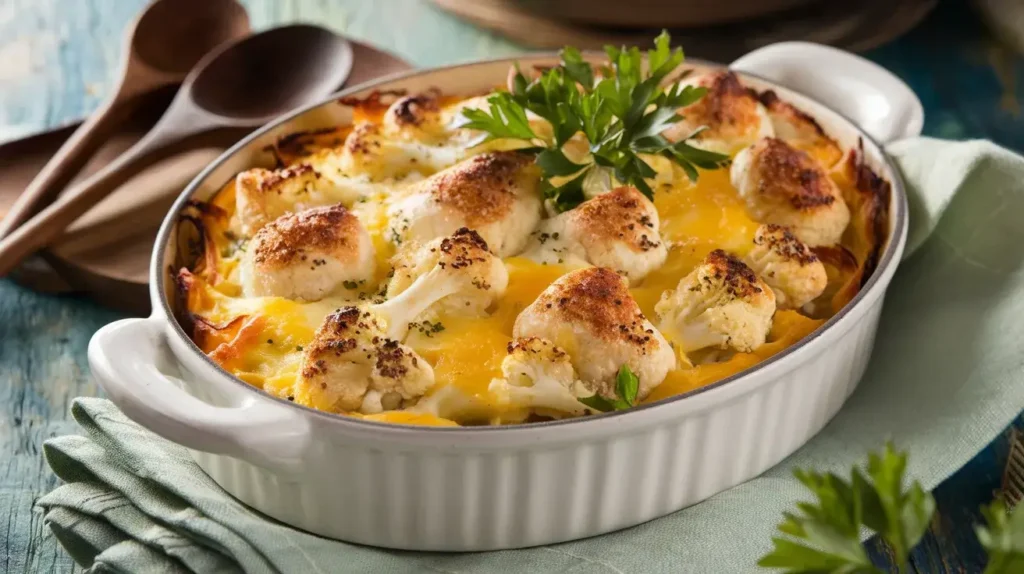 A freshly baked chicken cauliflower casserole with golden brown cheese and garnished with parsley in a white baking dish.