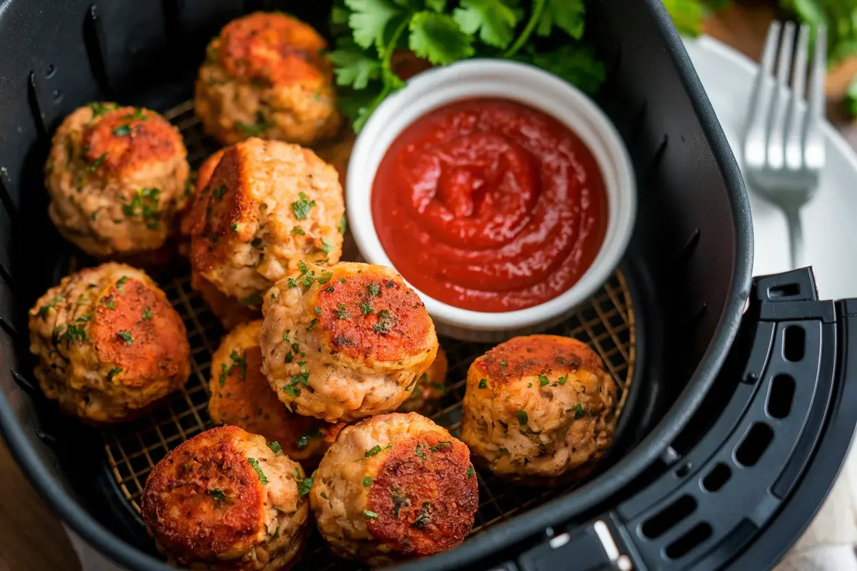 Crispy frozen meatballs cooked in an air fryer served with marinara sauce.