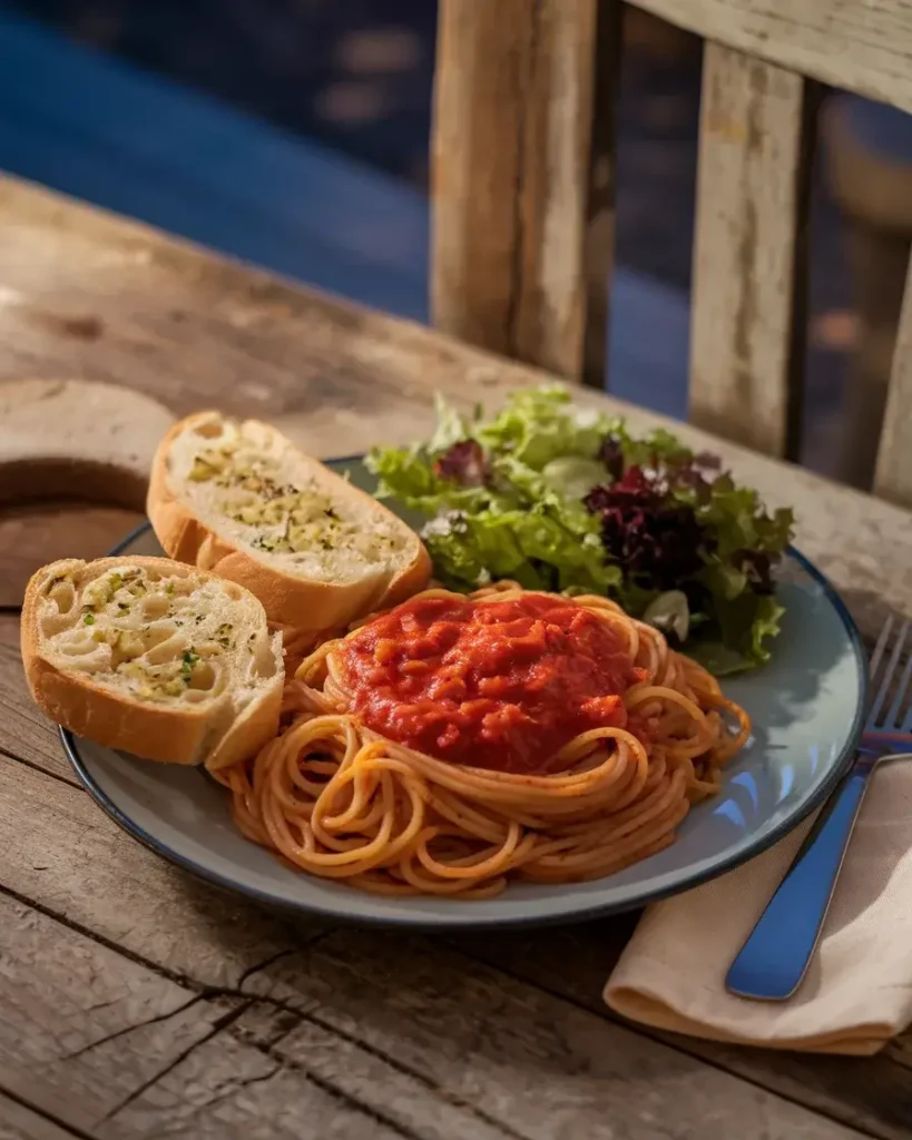 Garlic bread slices served with spaghetti, marinara sauce, and a garden salad on a dinner plate.