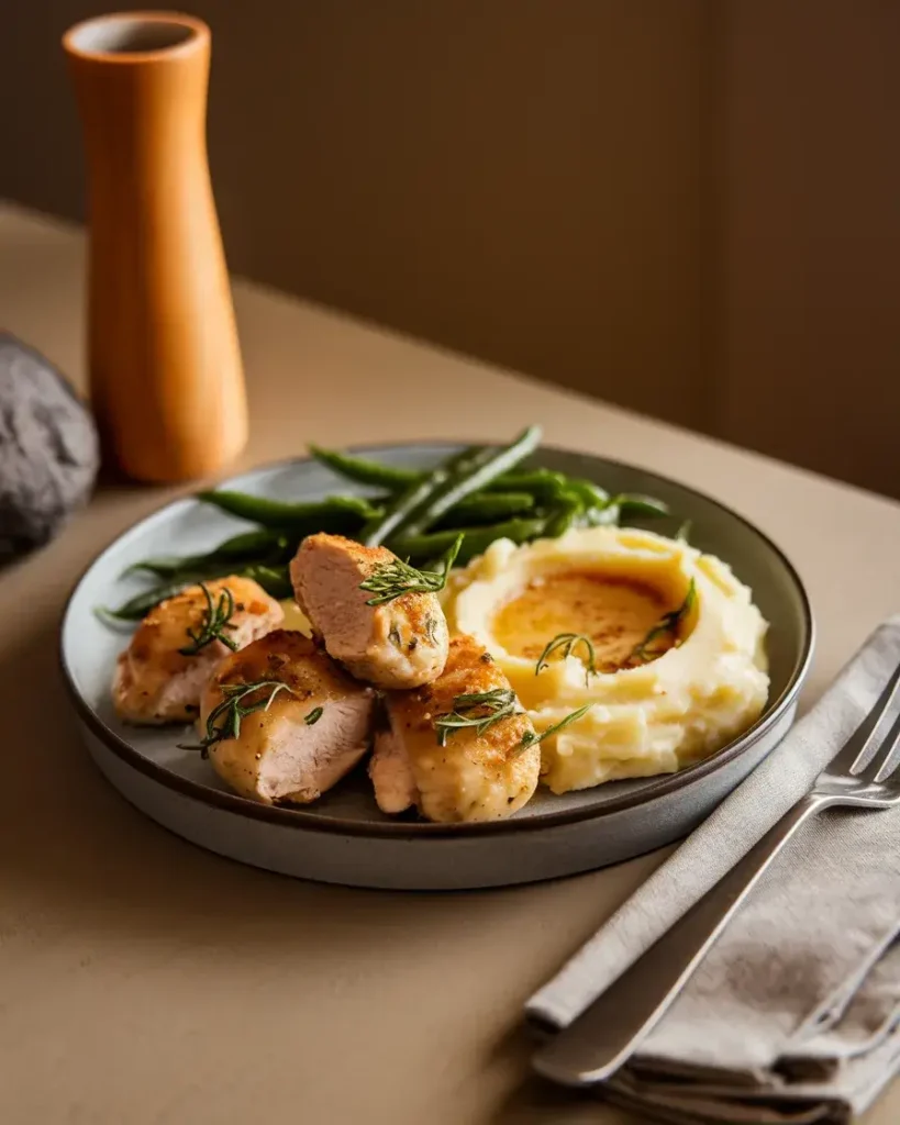 Garlic Butter Chicken Bites served with mashed potatoes and green beans.