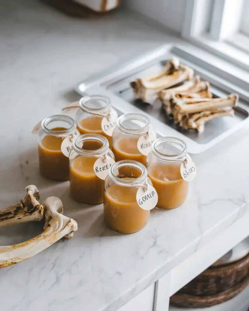 Neatly sealed glass jars of golden soup bones broth with labels, placed on a marble counter next to roasted soup bones.