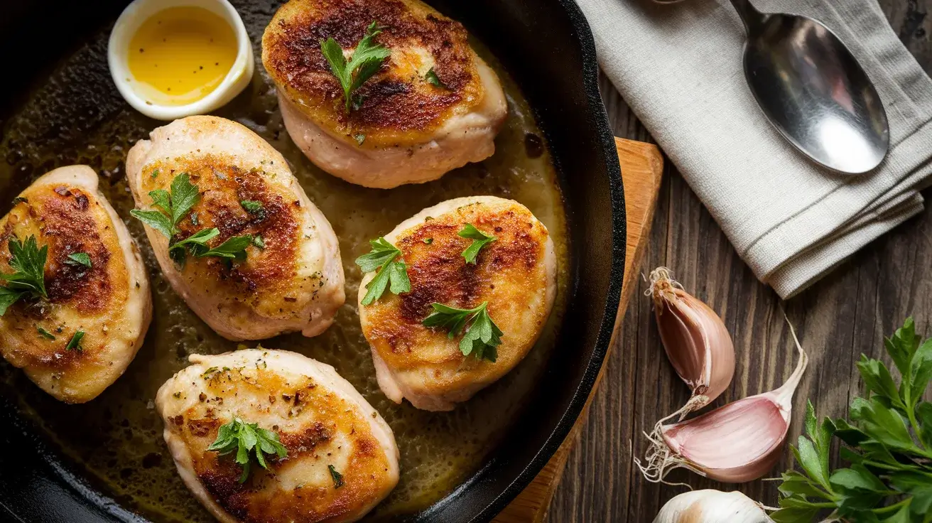 Golden Garlic Butter Chicken Bites in a skillet with parsley garnish.