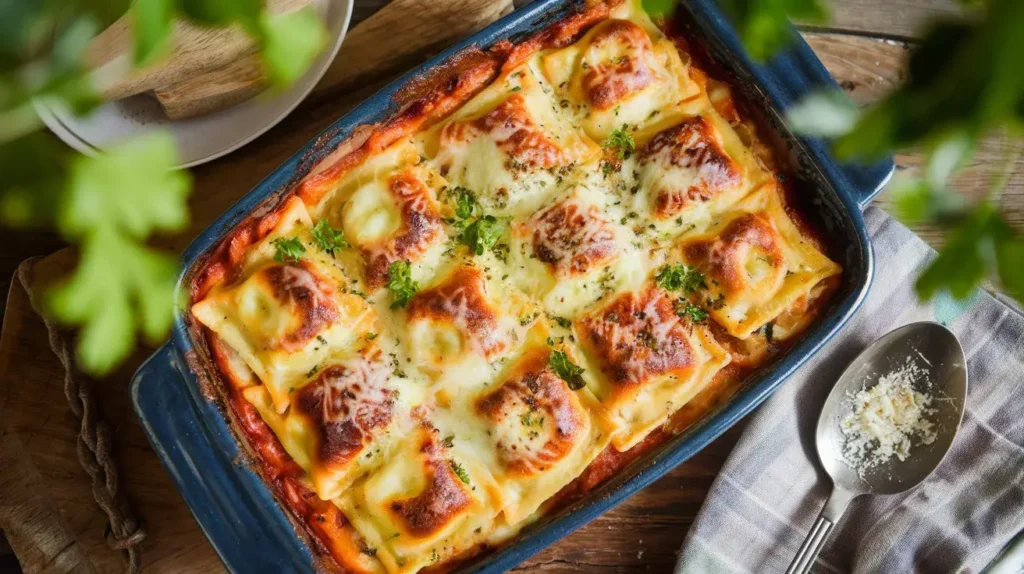 Golden and bubbling million dollar ravioli casserole topped with parsley in a rustic ceramic dish.