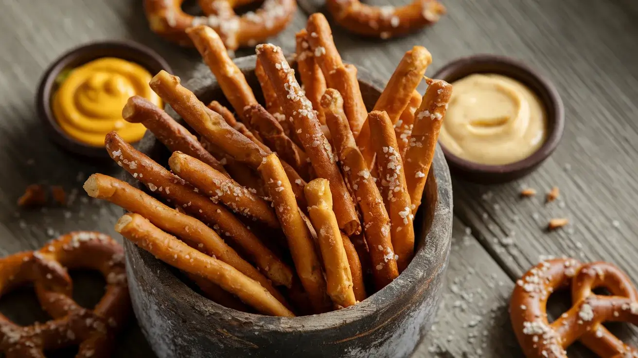 A wooden bowl filled with golden-brown pretzel sticks sprinkled with coarse salt, surrounded by mustard and cheese dips.