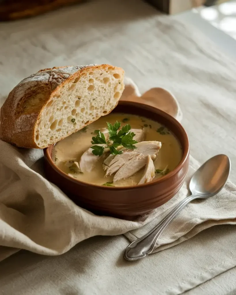 A bowl of Grandma’s Chicken Soup garnished with parsley, served with crusty bread on a linen cloth.