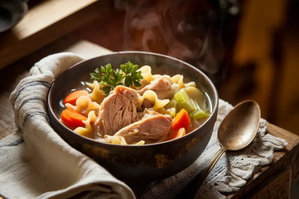 A rustic bowl of Grandma’s Chicken Soup with chicken, noodles, and fresh parsley on a wooden table.