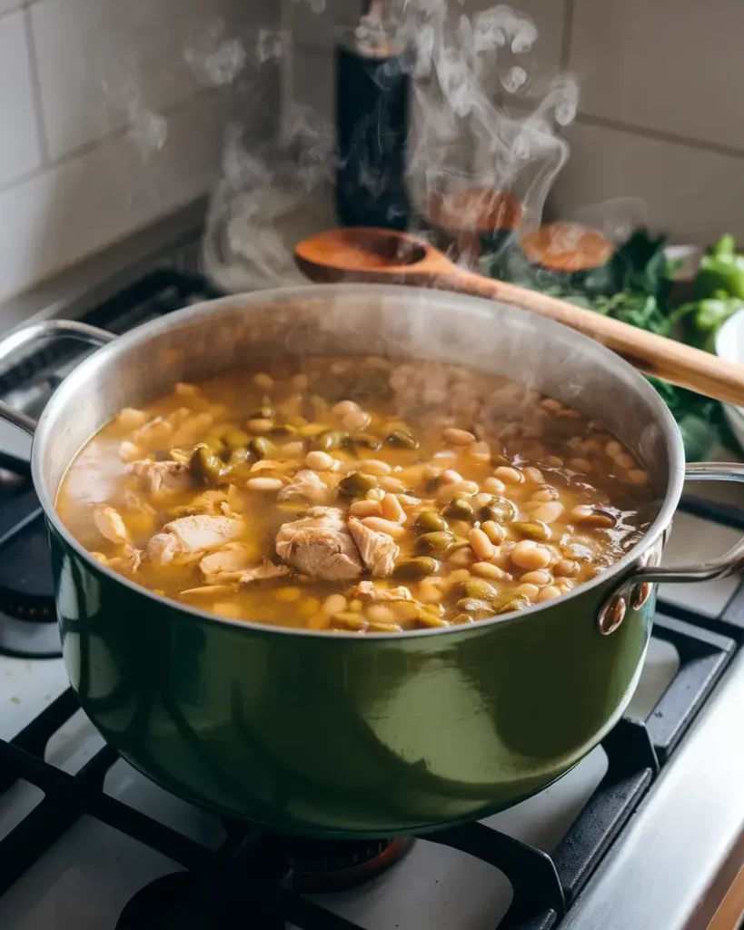 Green chili chicken soup simmering in a pot, with steam rising and a wooden spoon resting on the edge.