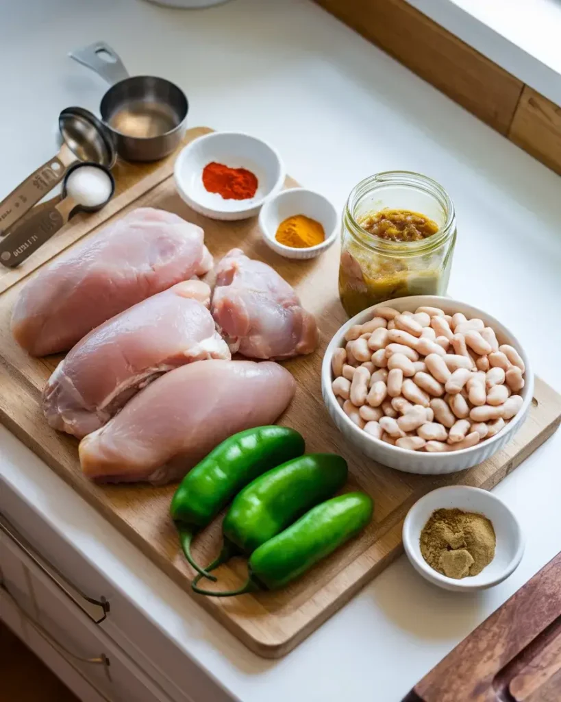 Ingredients for green chili chicken soup, including chicken thighs, green chilis, salsa verde, white beans, and spices, neatly arranged.