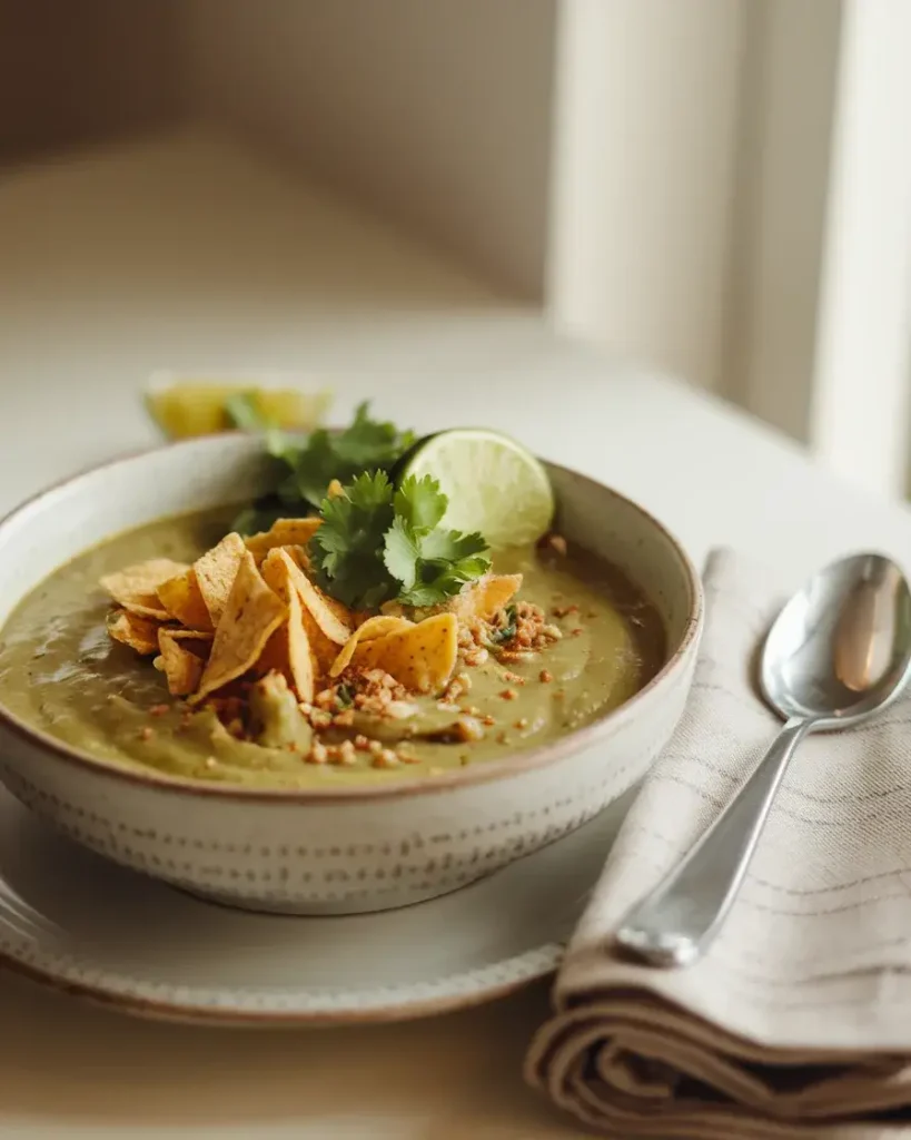 A bowl of green chili chicken soup garnished with cilantro, tortilla chips, and lime, served with a spoon on the side.